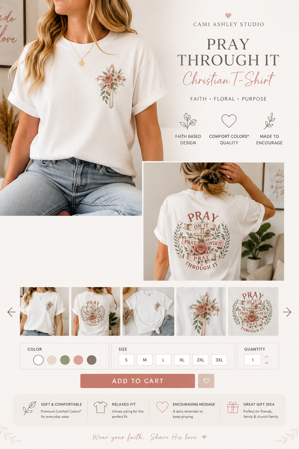 Pray Through It T-Shirt — Floral Cross Faith Tee