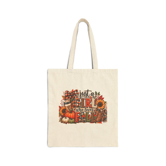 Fall Harvest Tote Bag — "Just a Girl Who Loves Fall" Cotton Canvas Shopper
