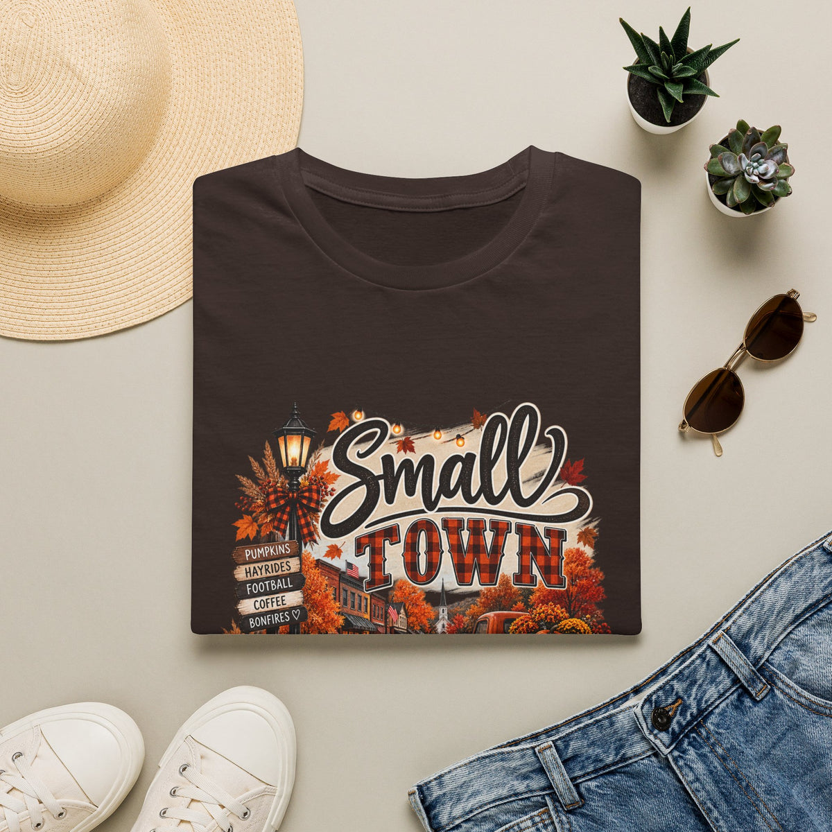 Small Town Fall Vibes T-Shirt — Cozy Autumn Graphic Tee