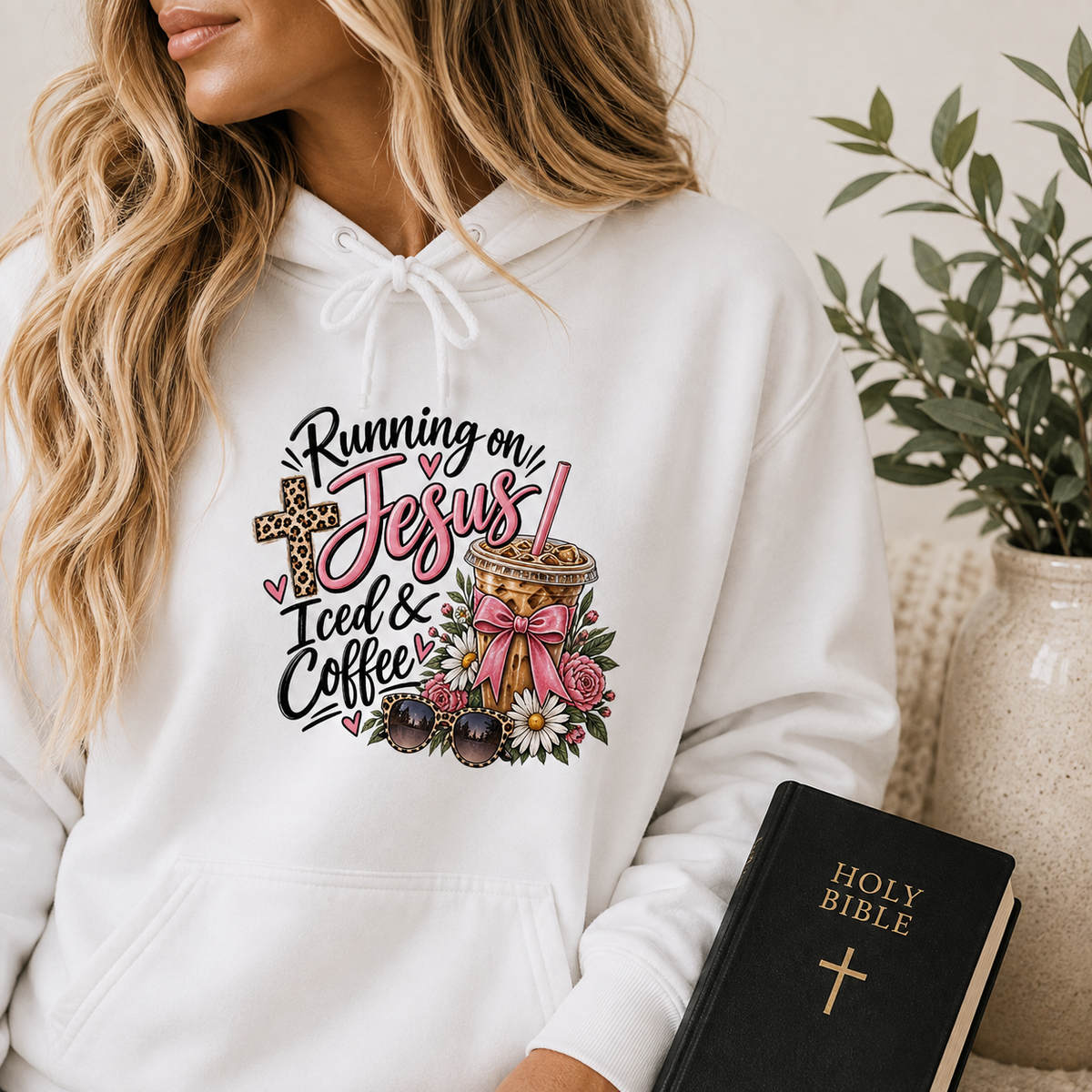 Faith & Coffee Hoodie — “Running on Jesus Iced & Coffee” Graphic Pullover