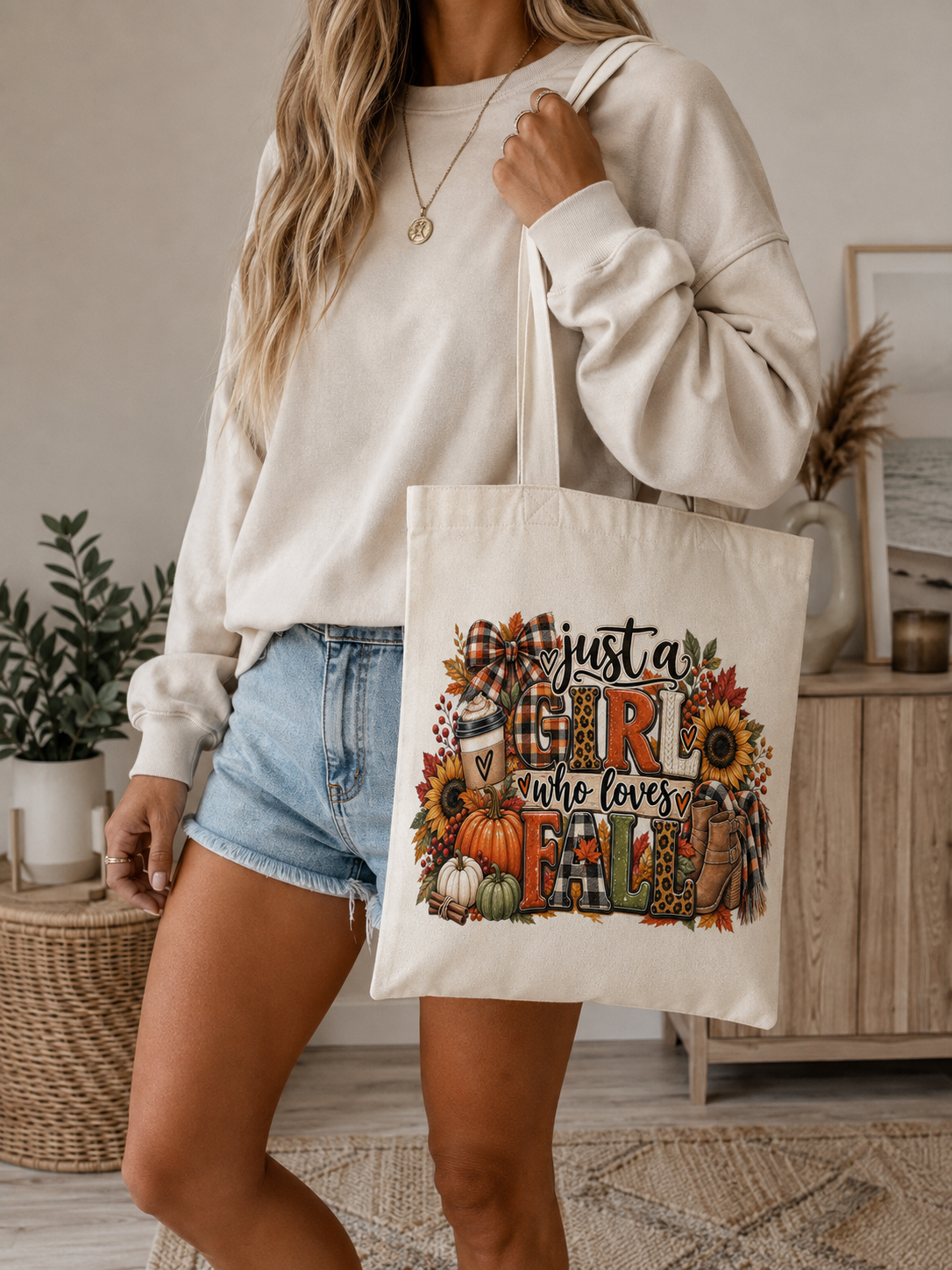 Fall Harvest Tote Bag — "Just a Girl Who Loves Fall" Cotton Canvas Shopper